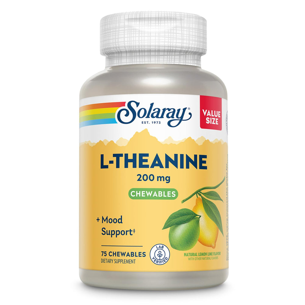 Solaray L-Theanine 200mg bottle — convenient daily mood support.