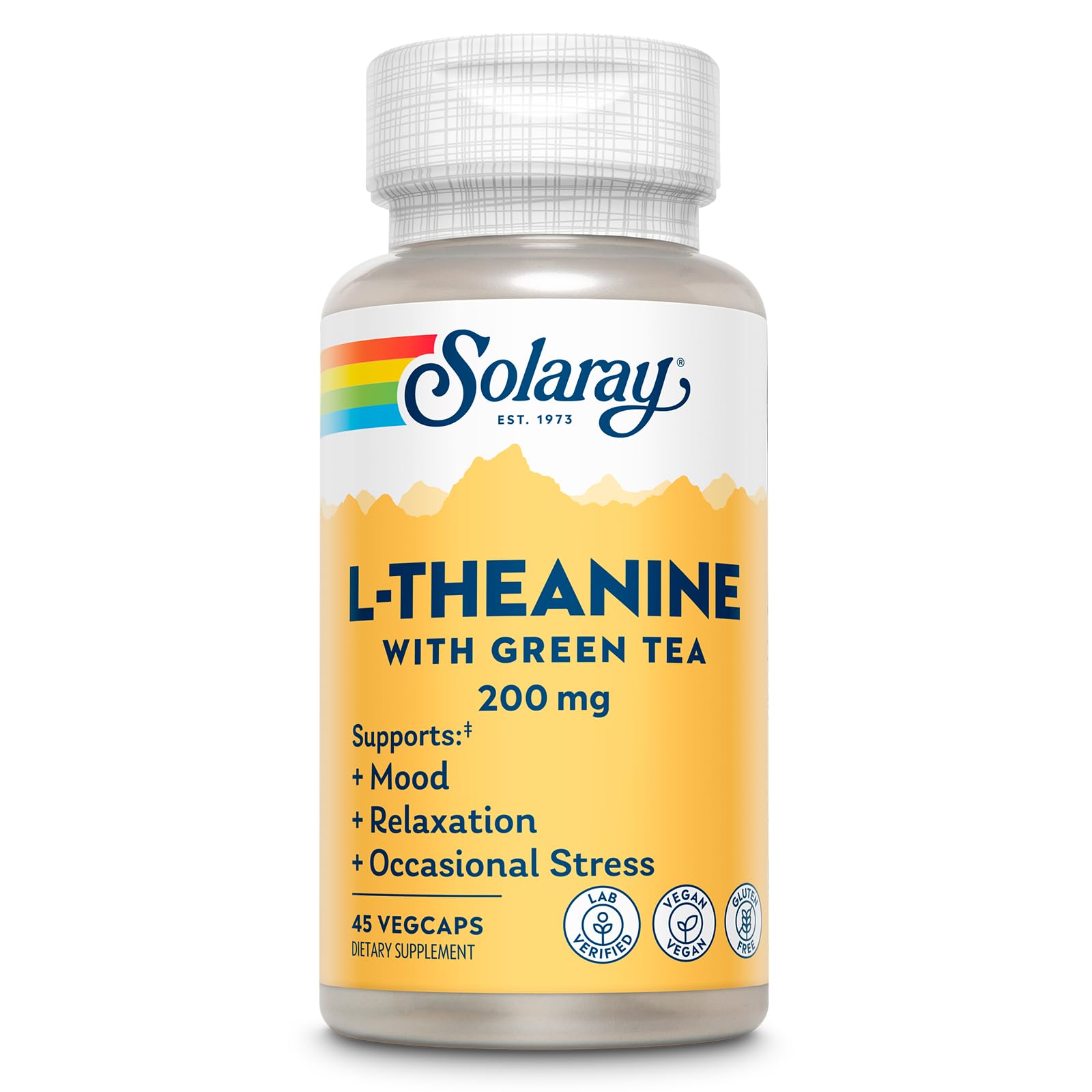 SOLARAY L-Theanine 200mg bottle close-up for calm mood support.