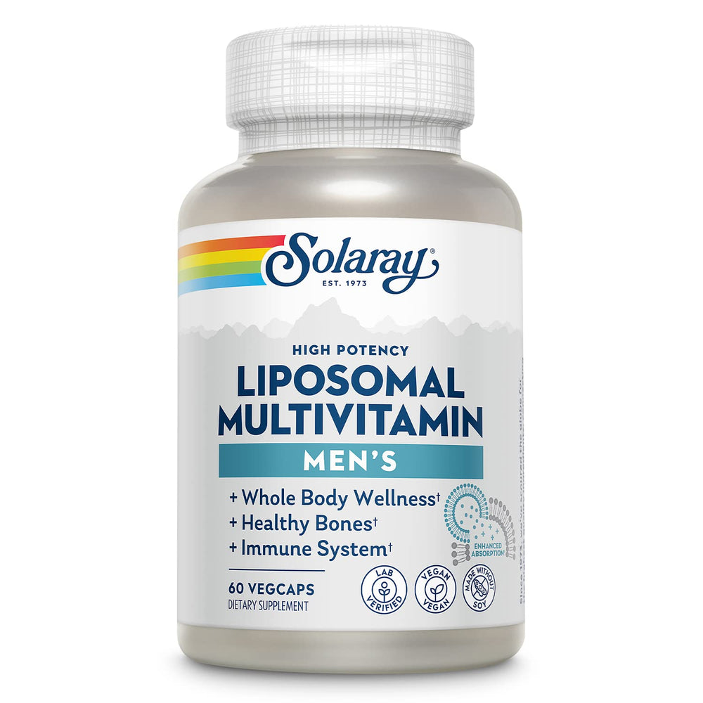 SOLARAY Liposomal Multivitamin bottle close-up preserving nutrient freshness.