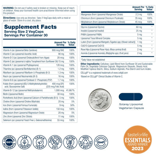 SOLARAY Liposomal Multivitamin label closeup showing high potency vitamins for improved uptake.