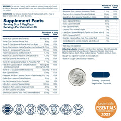 SOLARAY Liposomal Multivitamin label closeup showing high potency vitamins for improved uptake.