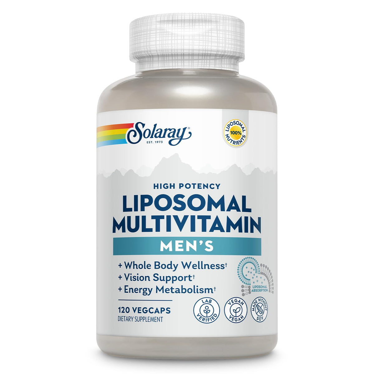 SOLARAY Liposomal Multivitamin for Men bottle illustrating easy daily energy support.