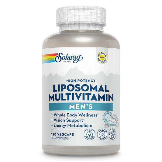 SOLARAY Liposomal Multivitamin for Men bottle illustrating easy daily energy support.