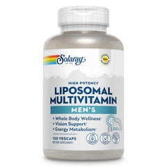SOLARAY Liposomal Multivitamin for Men bottle illustrating easy daily energy support.