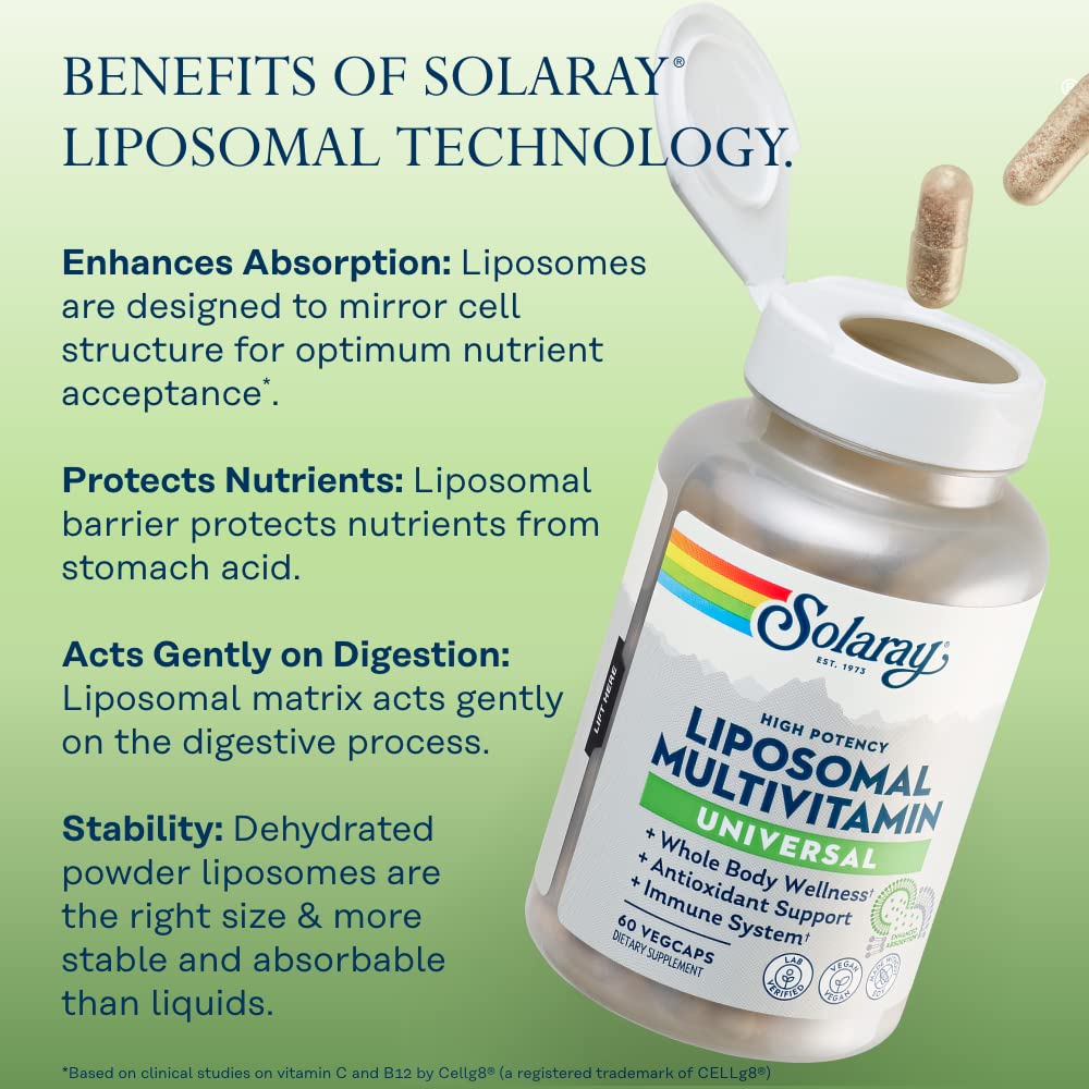 SOLARAY Liposomal Multivitamin pouring shot demonstrating easy-dose capsules.