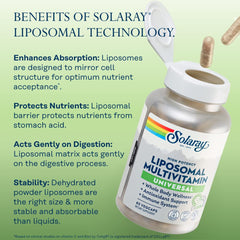 SOLARAY Liposomal Multivitamin pouring shot demonstrating easy-dose capsules.