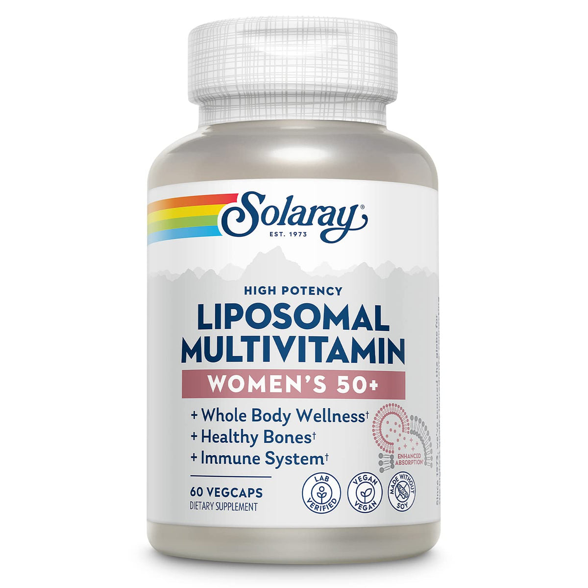 SOLARAY Liposomal Multivitamin for Women 50+ bottle front highlighting age-focused nutrients