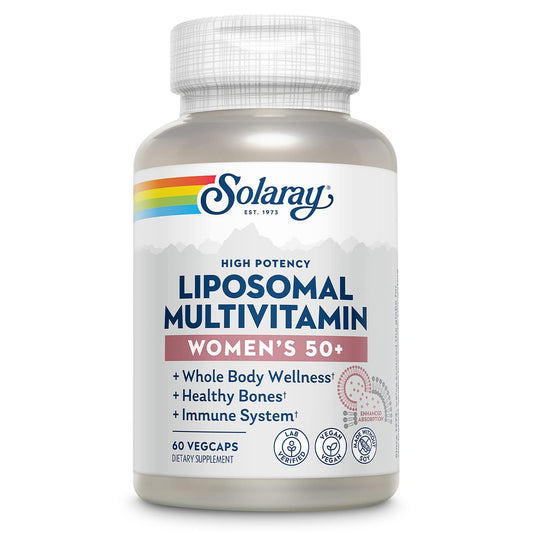 SOLARAY Liposomal Multivitamin for Women 50+ bottle front highlighting age-focused nutrients