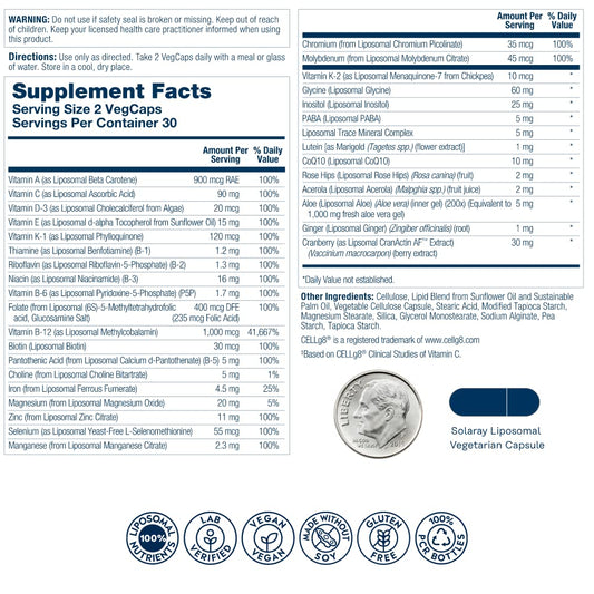 SOLARAY Liposomal Multivitamin for Women 50+ bottle side view showing capsules for daily convenience