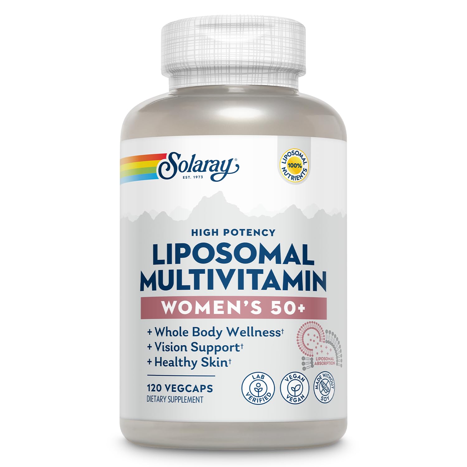 SOLARAY liposomal multivitamin bottle for daily immune and bone support.