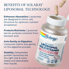 SOLARAY Liposomal Multivitamin for Women 50+ label details 18 vitamins and vegan formula