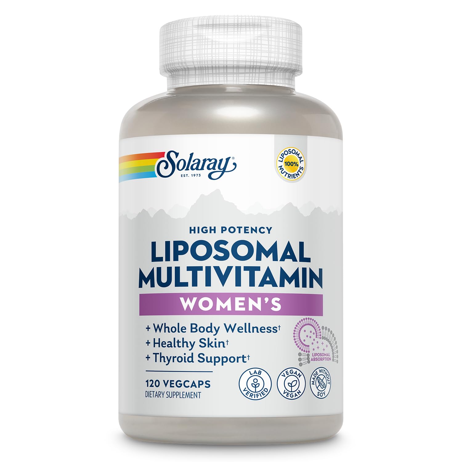 SOLARAY Liposomal Multivitamin for Women bottle highlights daily immune and bone support.