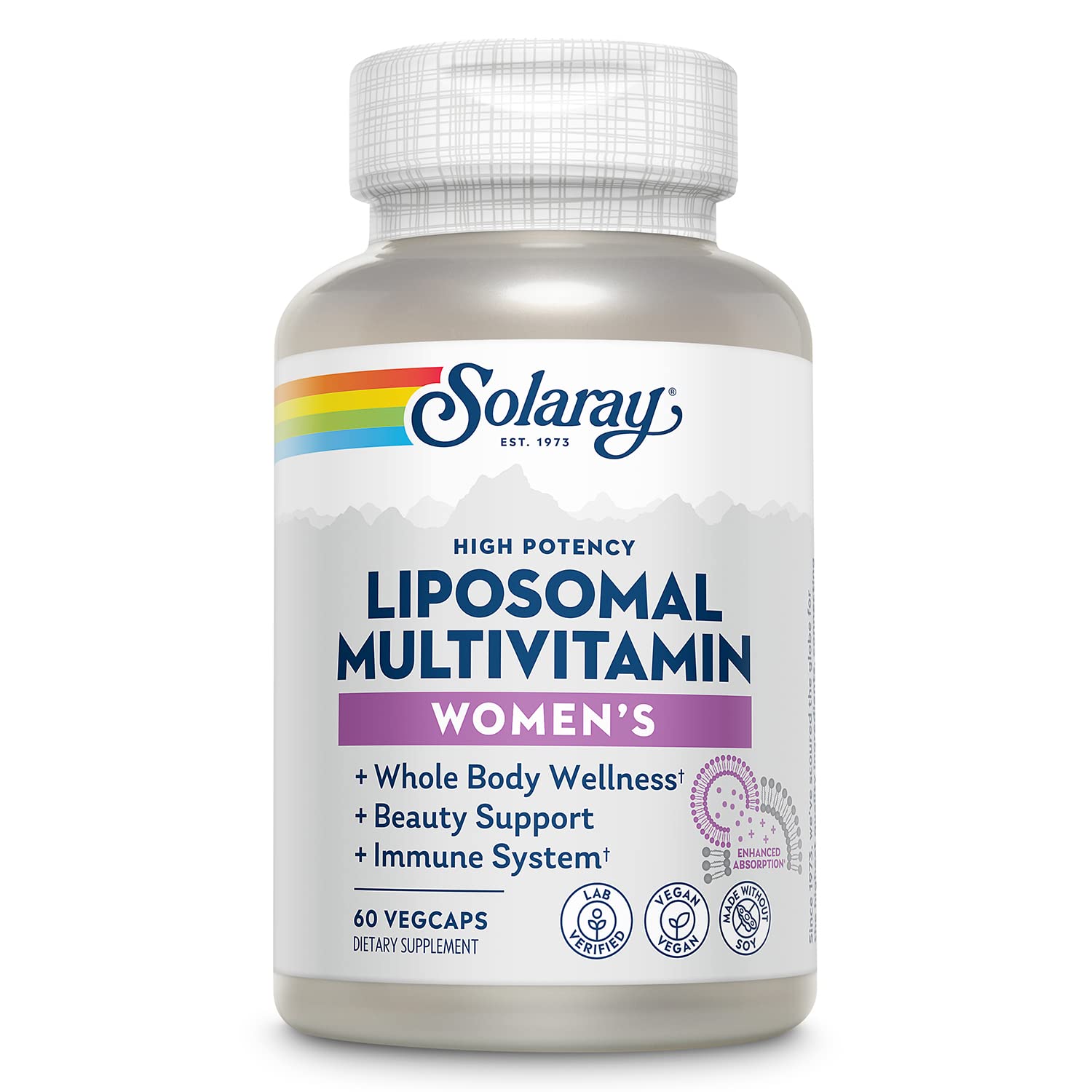 SOLARAY Liposomal Multivitamin for Women bottle highlighting enhanced absorption for daily wellness