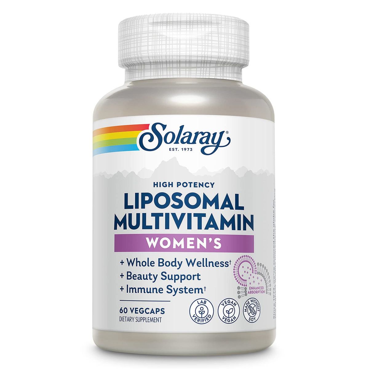 SOLARAY Liposomal Multivitamin for Women bottle highlighting enhanced absorption for daily wellness