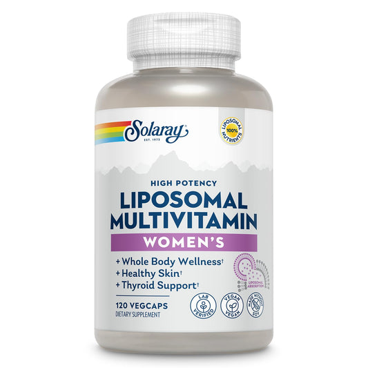 SOLARAY Liposomal Multivitamin for Women bottle highlights daily immune and bone support.