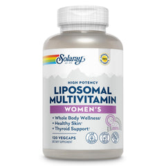 SOLARAY Liposomal Multivitamin for Women bottle highlights daily immune and bone support.