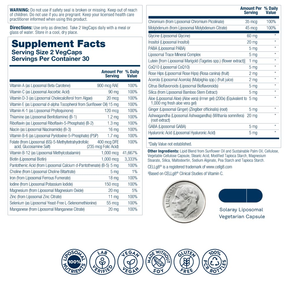 Close-up of SOLARAY liposomal multivitamin capsules showing high-potency ingredients