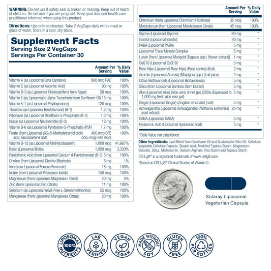 Close-up of SOLARAY liposomal multivitamin capsules showing high-potency ingredients