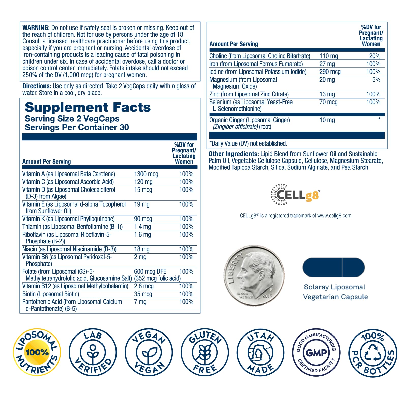 SOLARAY Liposomal Prenatal bottle back label with ingredients and DV information.