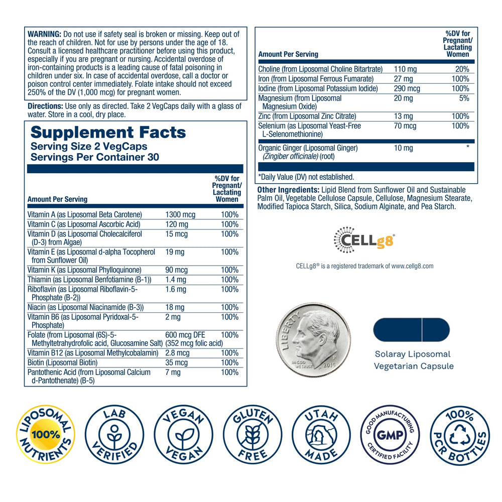 SOLARAY Liposomal Prenatal bottle back label with ingredients and DV information.
