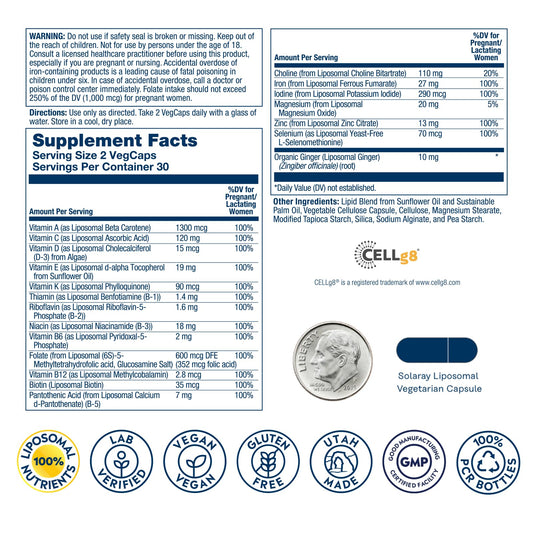 SOLARAY Liposomal Prenatal bottle back label with ingredients and DV information.