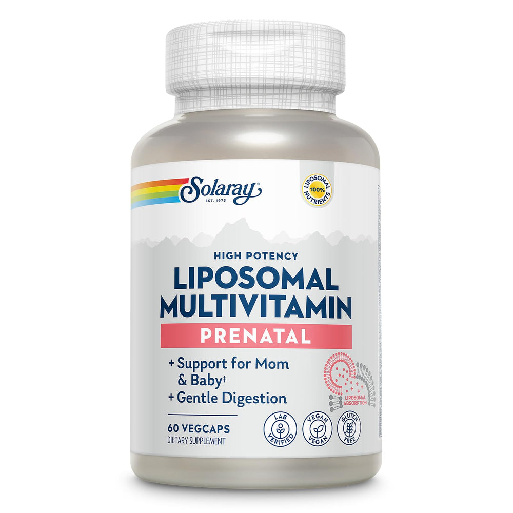 SOLARAY Liposomal Prenatal bottle front for high-potency nutrients for expectant moms.