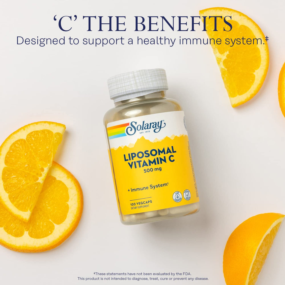 SOLARAY Liposomal Vitamin C 500mg label shows vegan, high quality ingredients