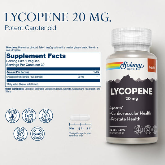 Close-up of SOLARAY Lycopene 20 mg label showing tomato-derived lycopene