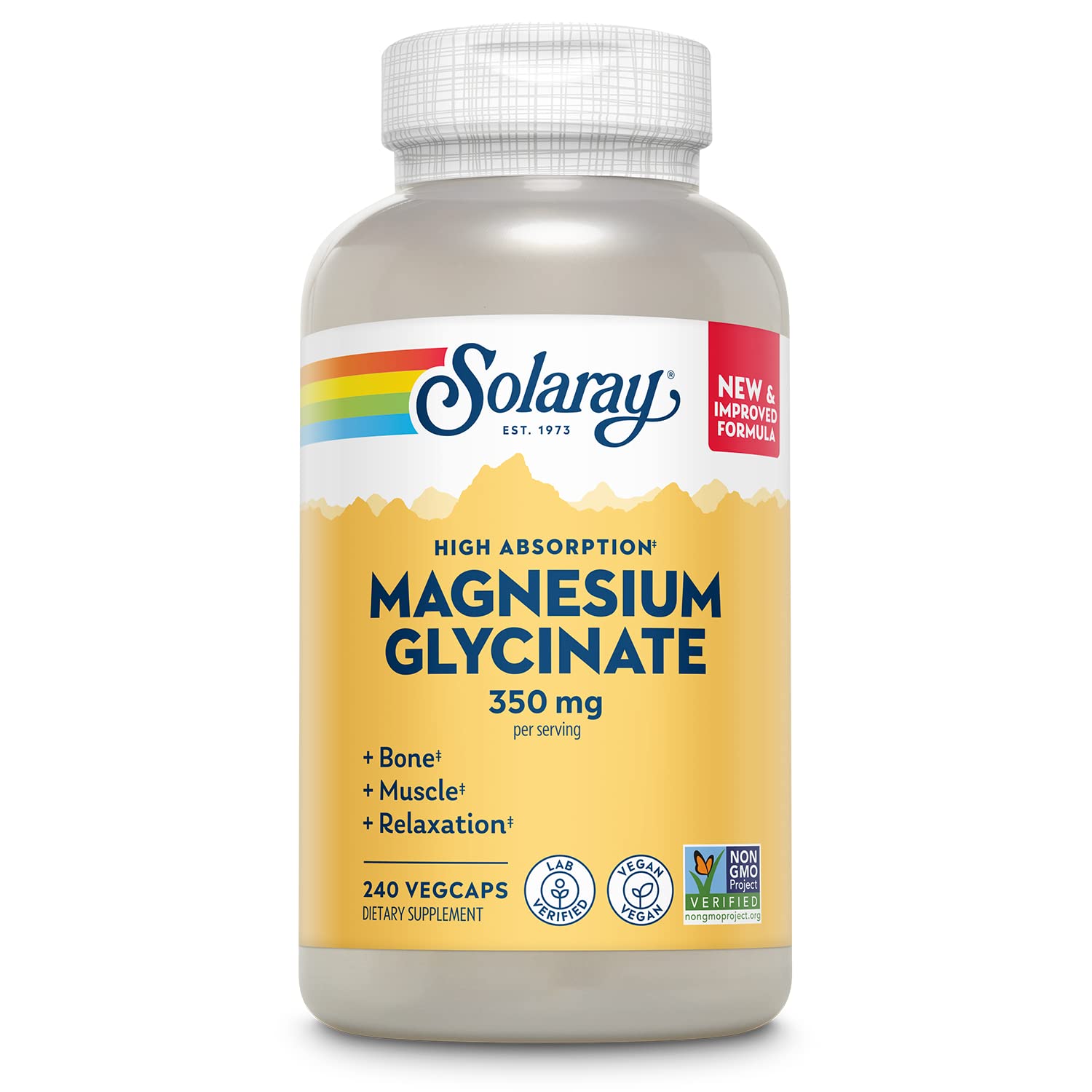 SOLARAY Magnesium Glycinate bottle with label highlighting high absorption and relaxation support.