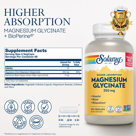 SOLARAY Magnesium Glycinate capsules close-up showing chelated bisglycinate