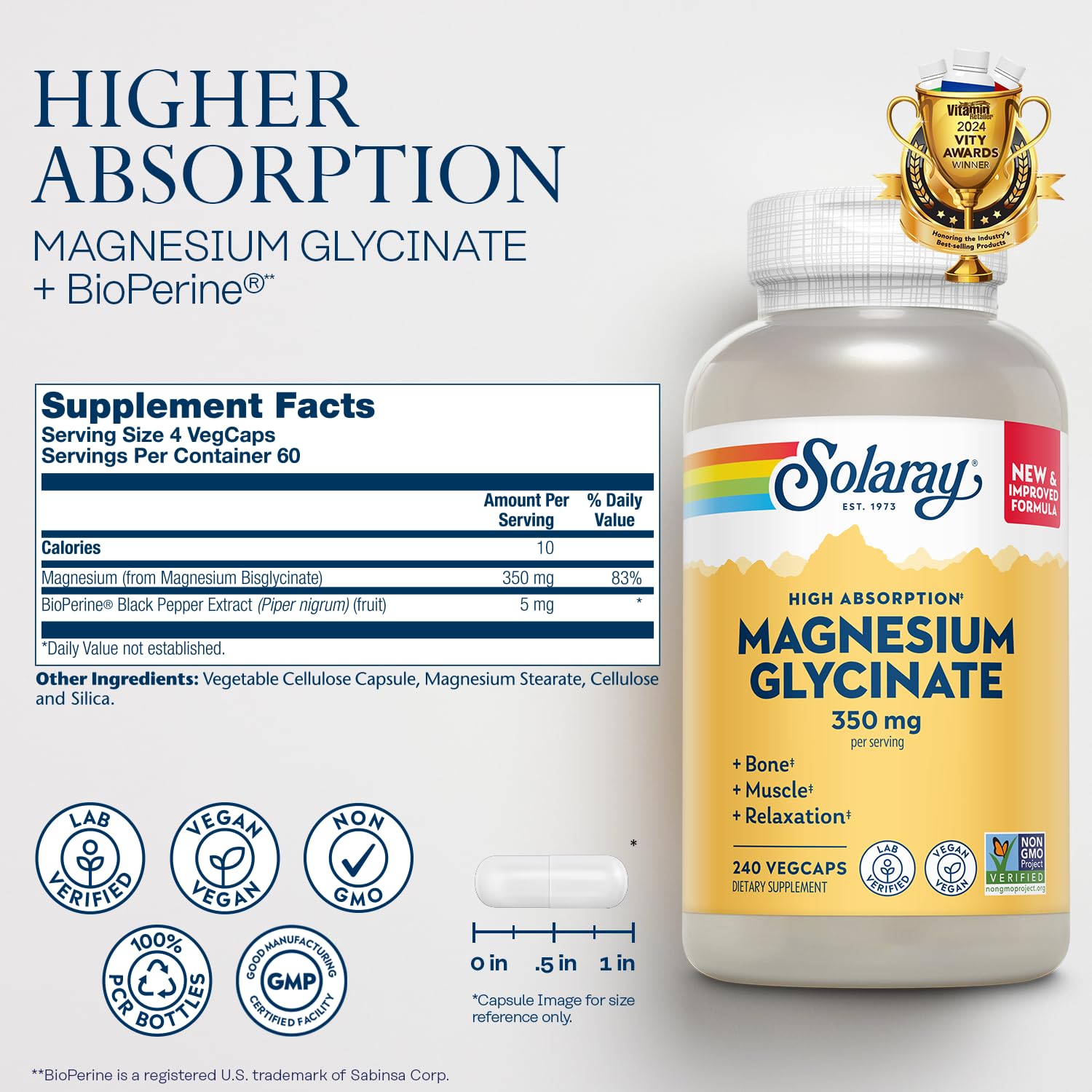SOLARAY Magnesium Glycinate capsules beside the bottle, ideal for daily mineral support.