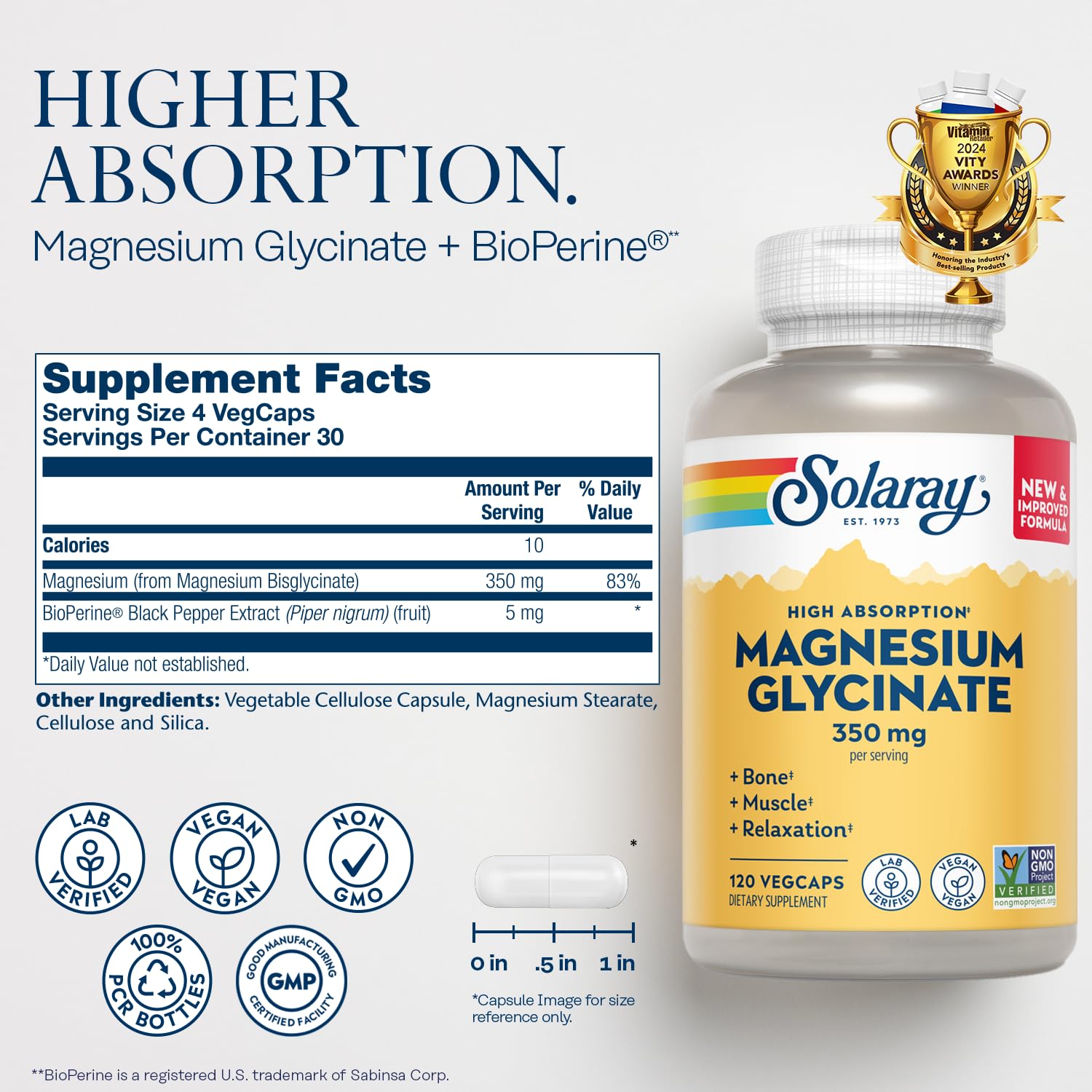 SOLARAY magnesium glycinate capsules for gentle digestion and absorption