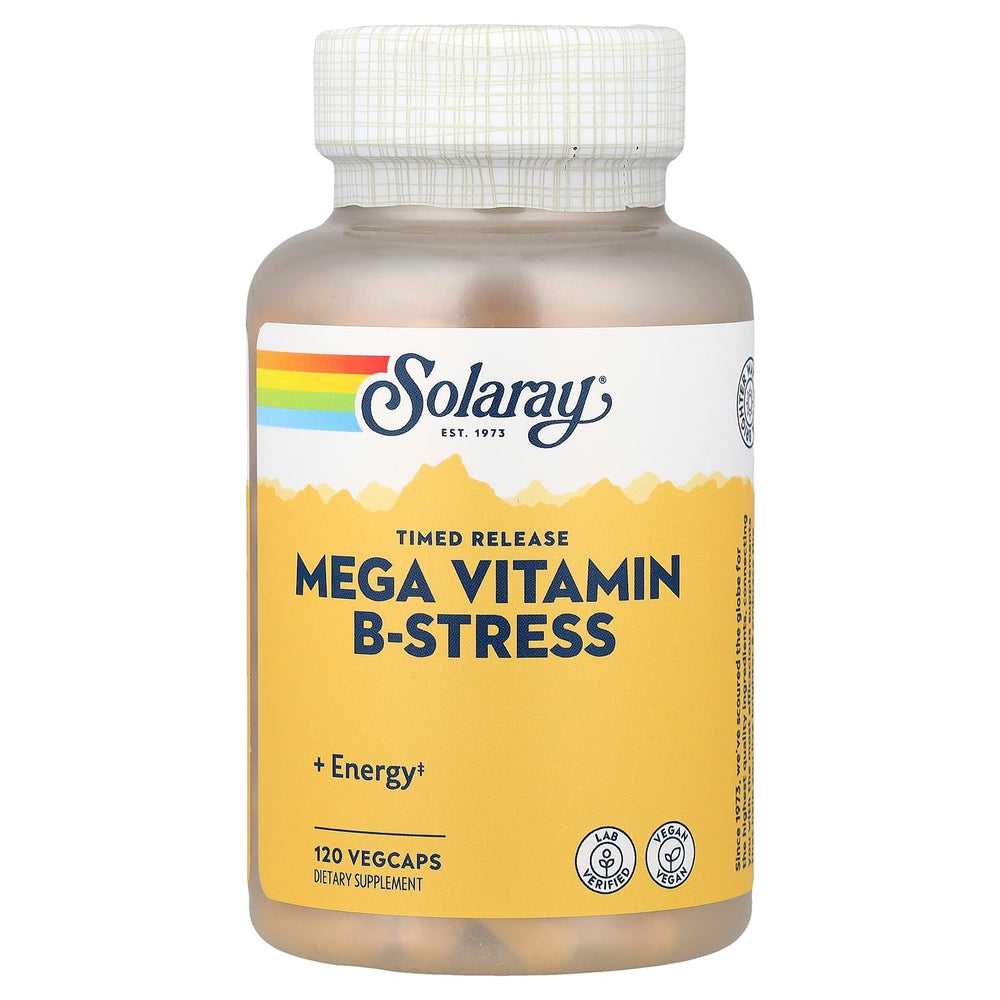 Solaray Mega B Stress bottle front with capsules highlighting two-stage release for daytime support