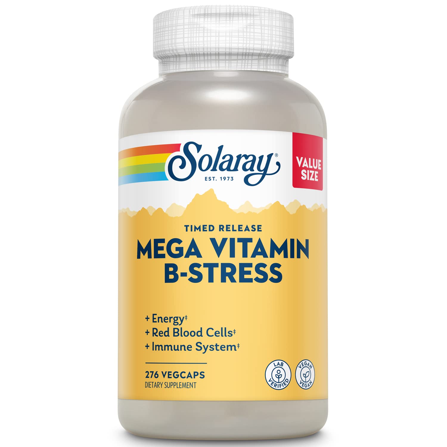 SOLARAY Mega Vitamin B-Stress bottle closeup for daily energy support.