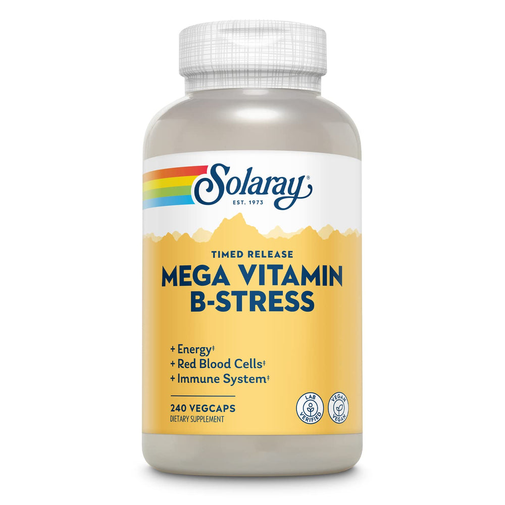 SOLARAY Mega Vitamin B-Stress bottle front showing vegan B-complex for daily energy
