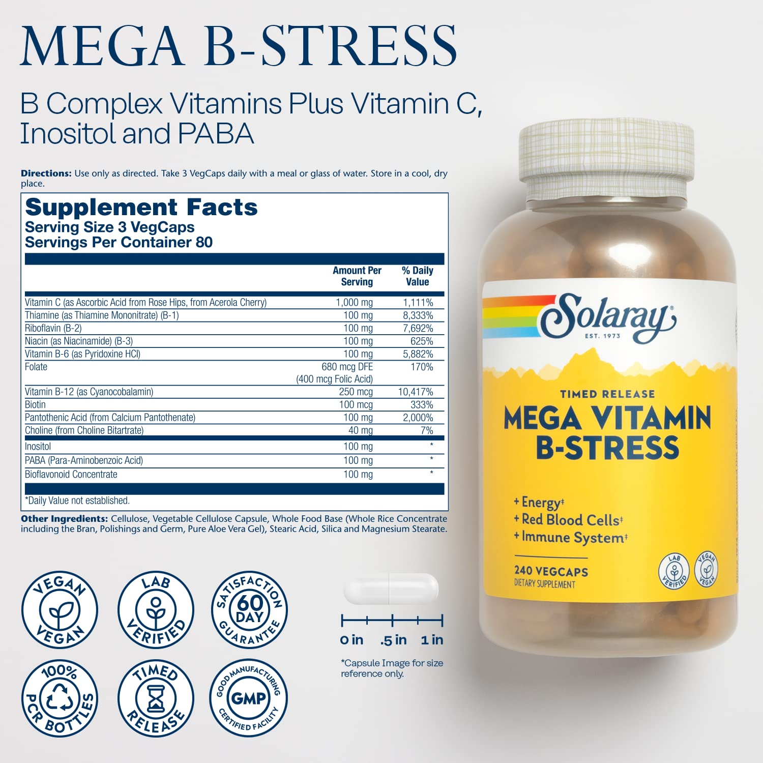 SOLARAY Mega Vitamin B-Stress bottle side highlighting two-stage release for sustained support