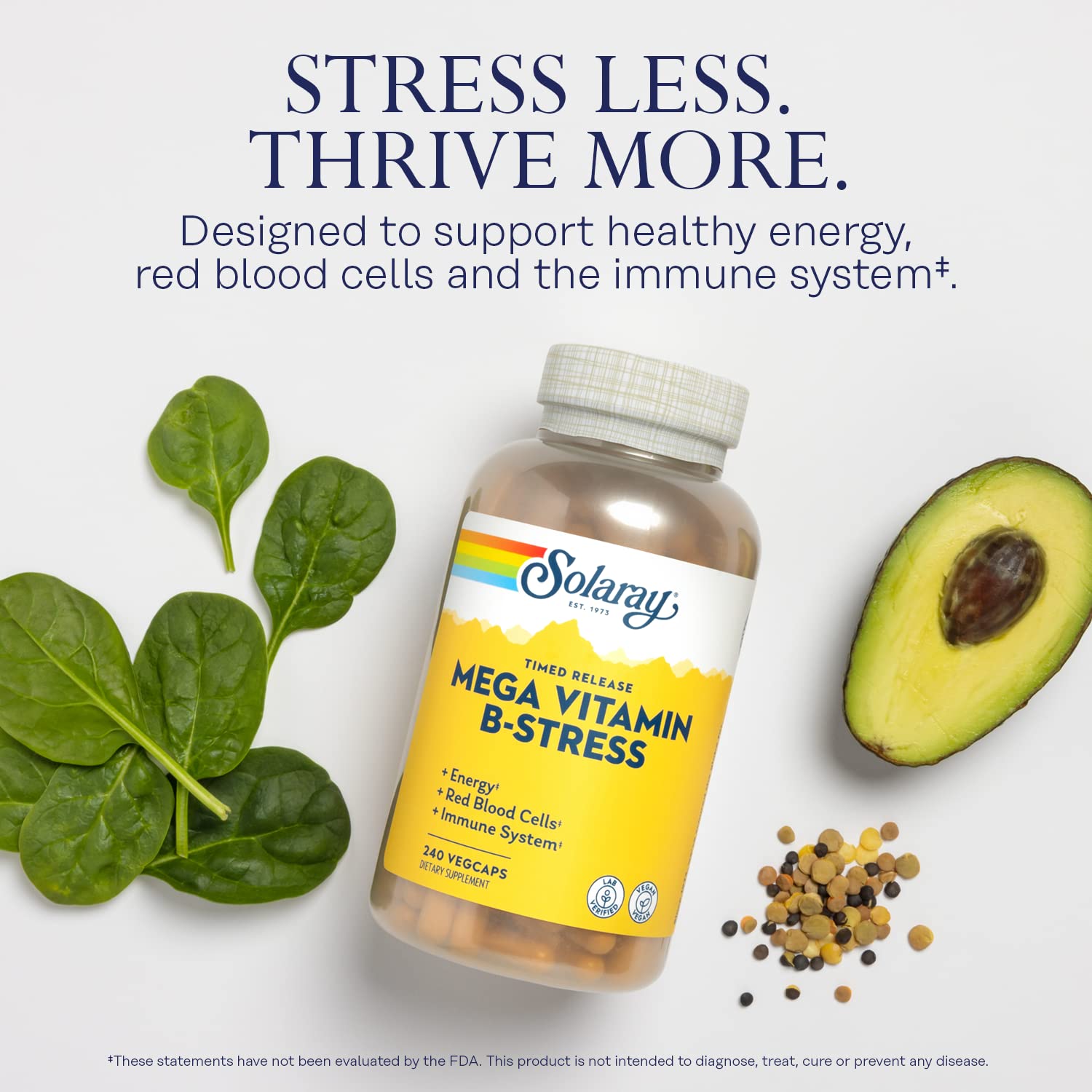 SOLARAY Mega Vitamin B-Stress capsules close-up for energy and resilience