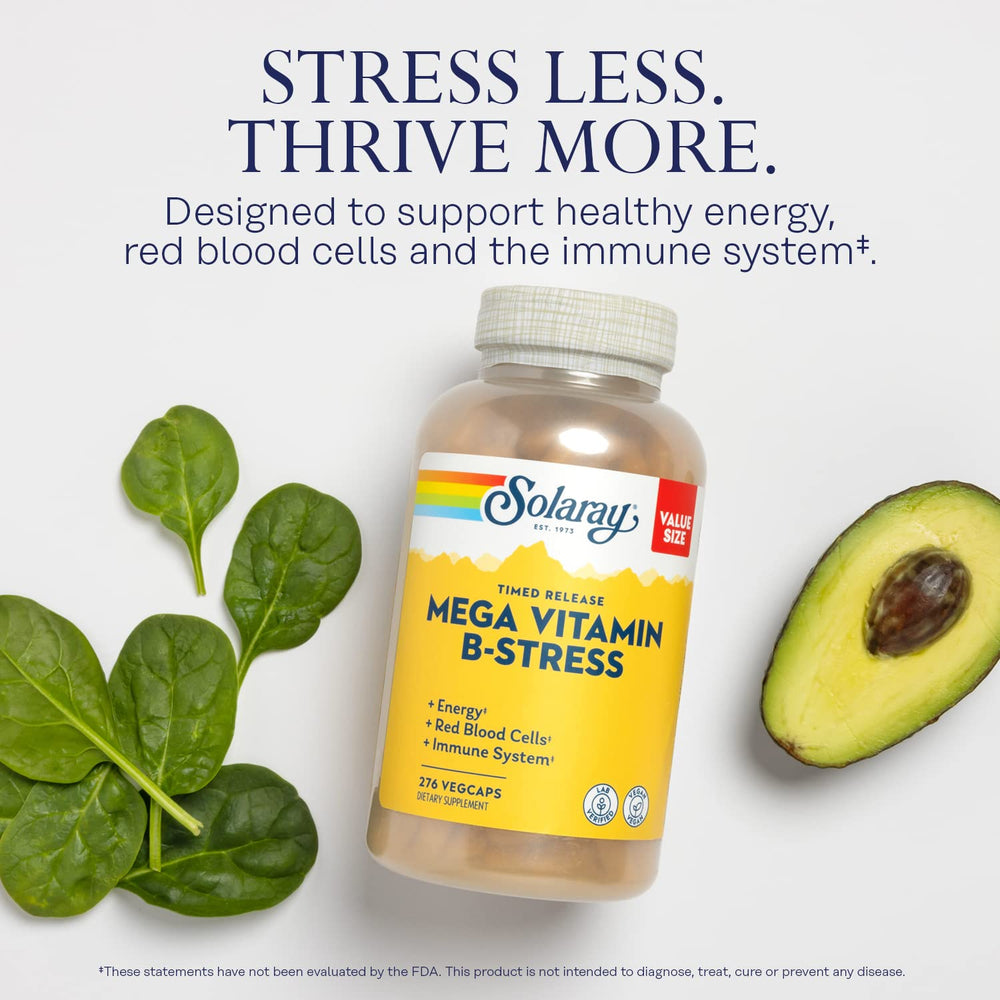 SOLARAY Mega Vitamin B-Stress label detail highlights essential nutrients.