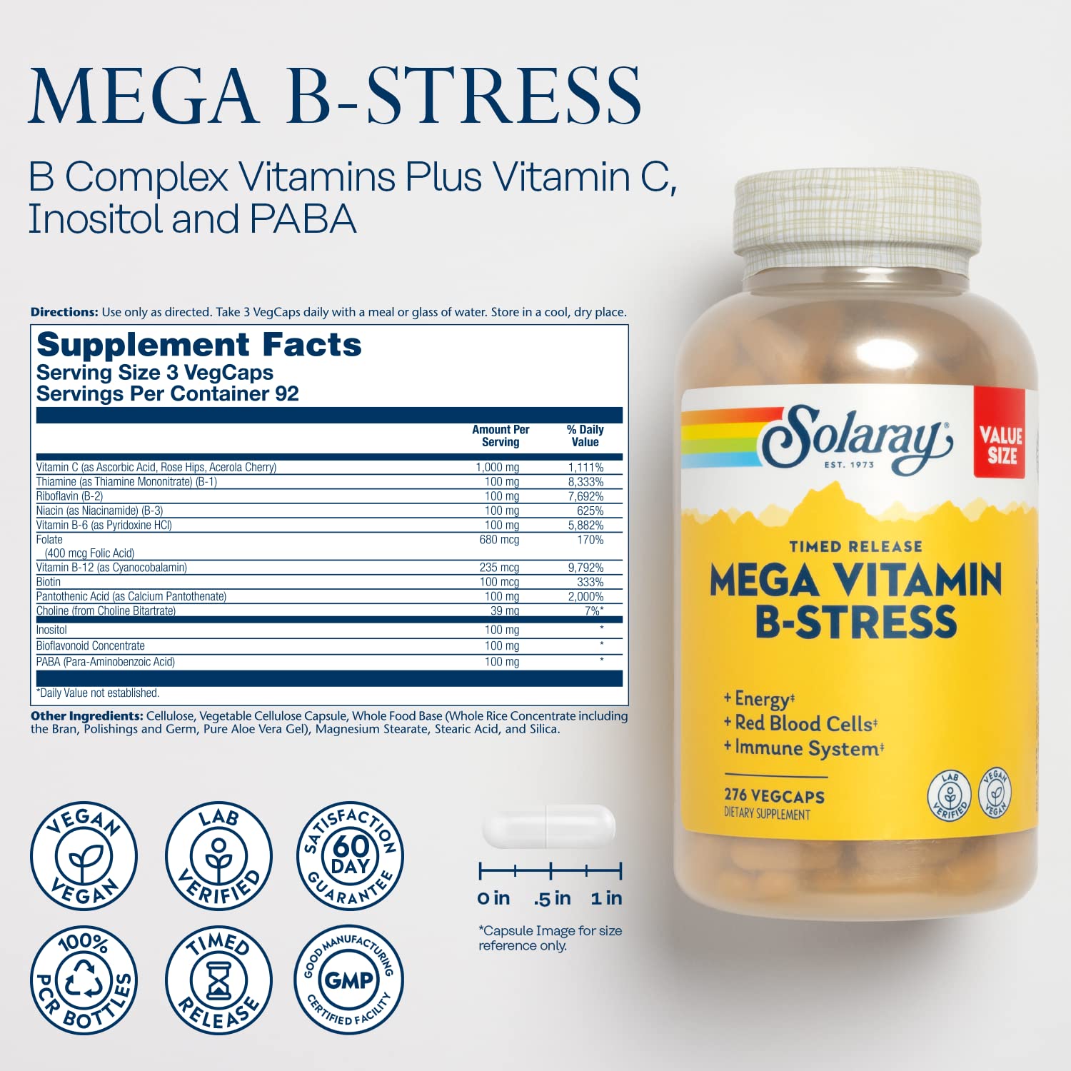 SOLARAY Mega Vitamin B-Stress tablets closeup showing time-release formula.