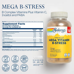 SOLARAY Mega Vitamin B-Stress tablets closeup showing time-release formula.