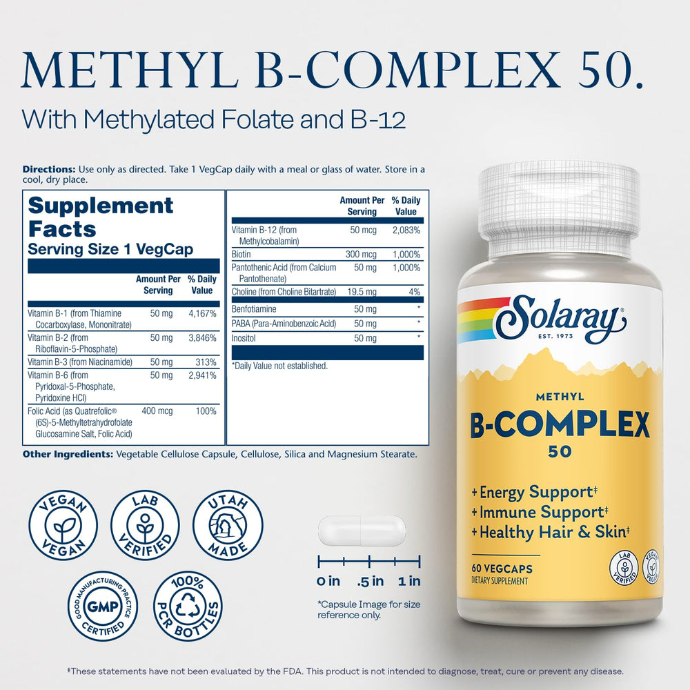 SOLARAY Methyl B Complex bottle back; highlights methylcobalamin B12 for enhanced absorption.
