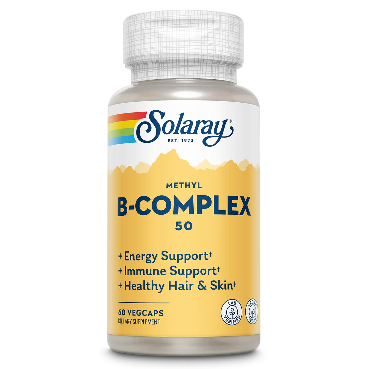 SOLARAY Methyl B Complex bottle front; vegan vitamins for daily energy support.