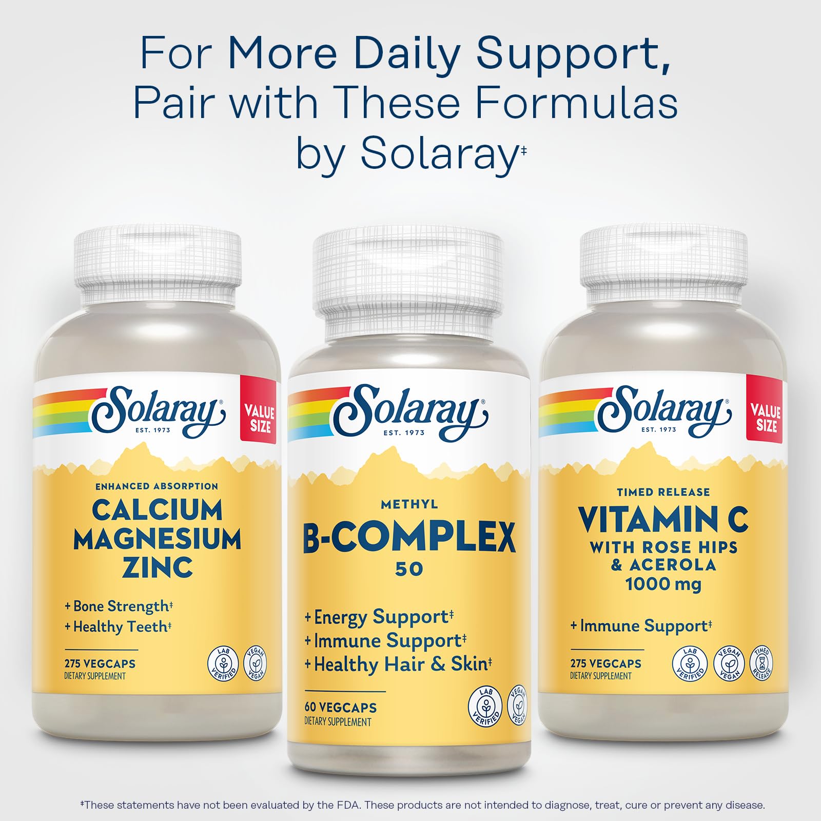 SOLARAY Methyl B Complex eco-packaging; post-consumer bottle and sustainability focus.