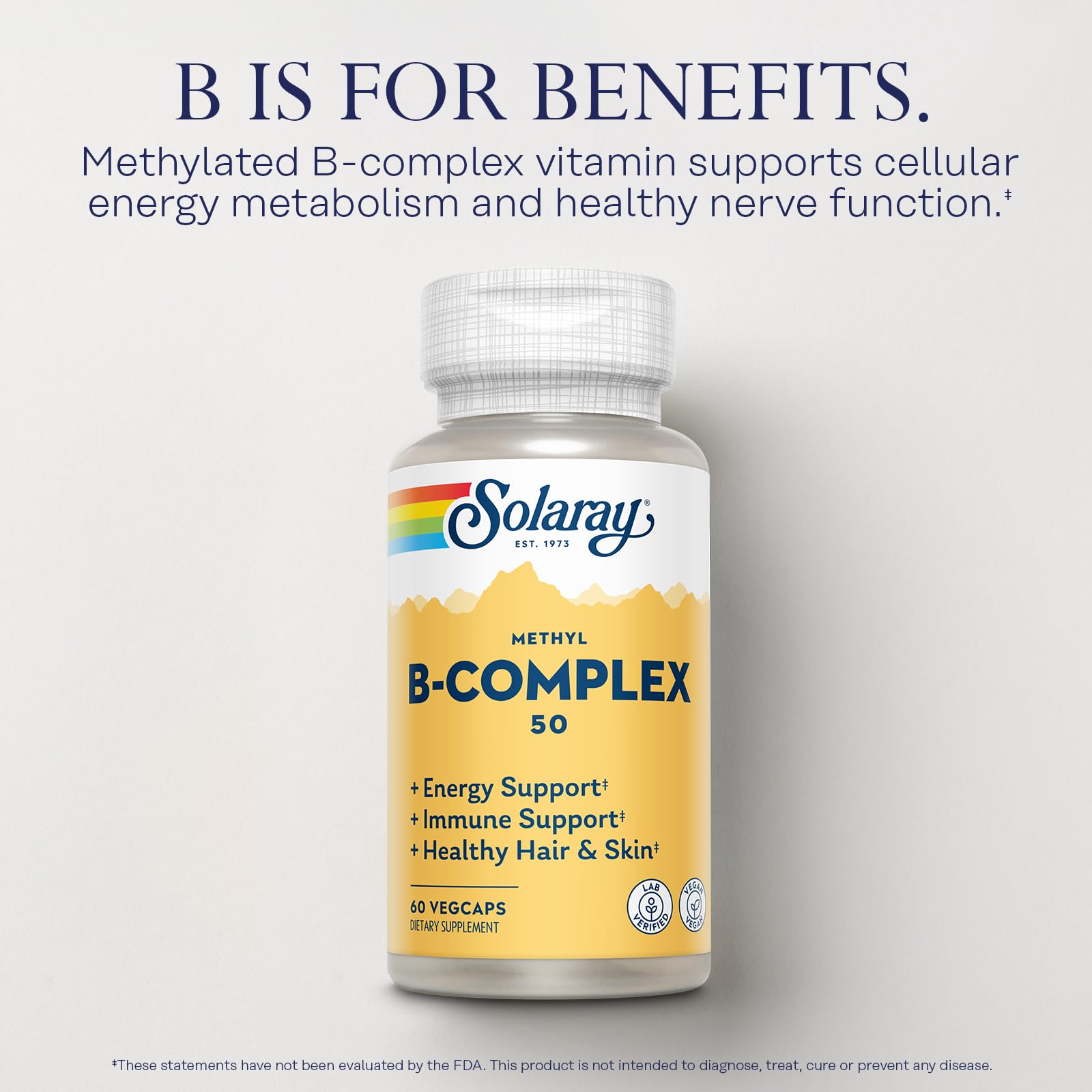 SOLARAY Methyl B Complex tablet close-up; smooth texture ideal for daily use.