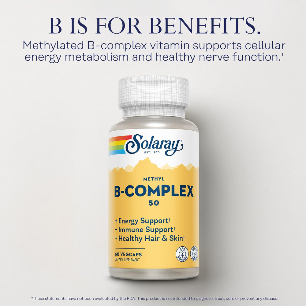 SOLARAY Methyl B Complex tablet close-up; smooth texture ideal for daily use.