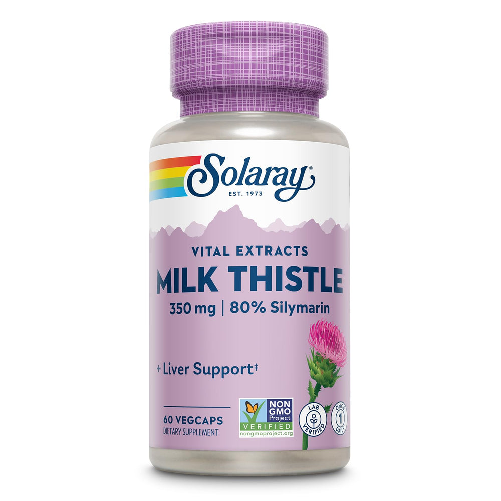 SOLARAY Milk Thistle extract bottle showing 350 mg formula and 80% silymarin for liver support