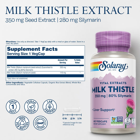 SOLARAY Milk Thistle capsules close-up highlighting vegetarian capsule