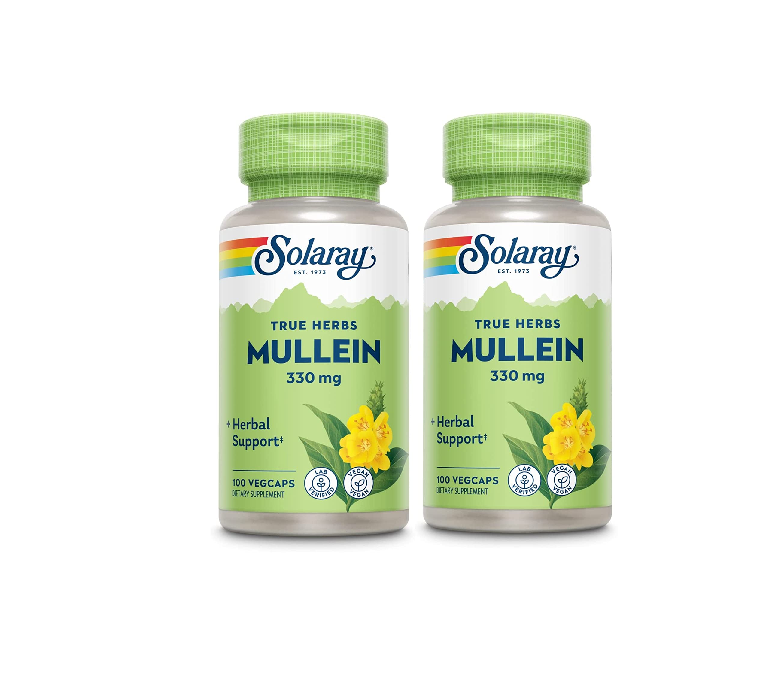Solaray Mullein Leaf bottle front with capsules, suggesting respiratory support