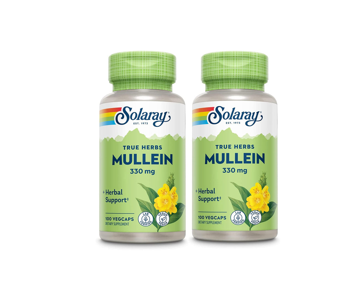 Solaray Mullein Leaf bottle front with capsules, suggesting respiratory support