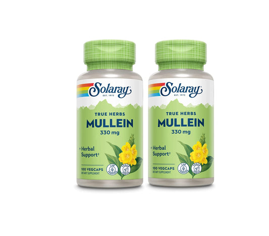 Solaray Mullein Leaf bottle front with capsules, suggesting respiratory support